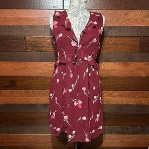 Lumiere Deep V Neck Deep Red Ruffled Floral Midi Dress